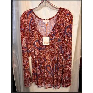 510 Knox Rose Boho Paisley Long Sleeve Blouse • V-Neck Flow Top
